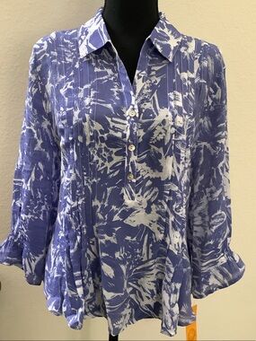 Ruby Rd. Blue and White Floral Pintuck Blouse